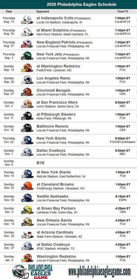 Printable Philadelphia Eagles Schedule