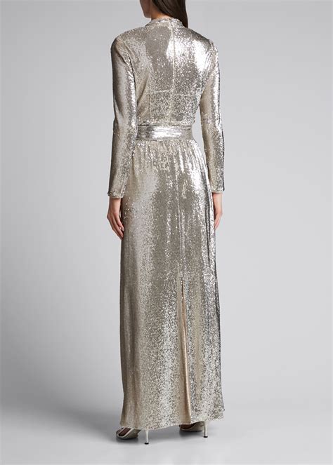 Badgley Mischka Collection Sequin Long Sleeve Belted Surplice Gown