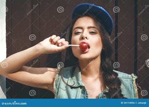 Naughty Funky Girl Sucking Lollipop Stock Photo Image Of Brunette Fashion