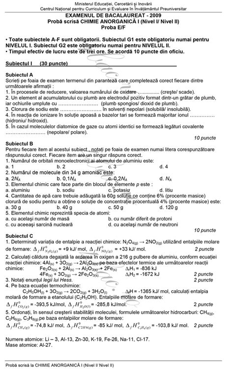 Variante Bac Chimie Anorganica 2009