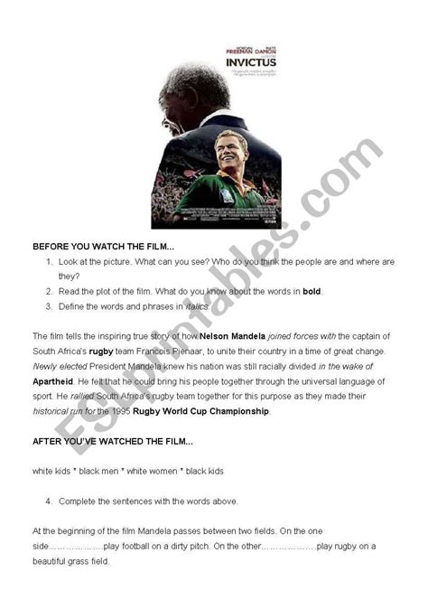 Invictus Movie Worksheet Esl Worksheet By Amaal