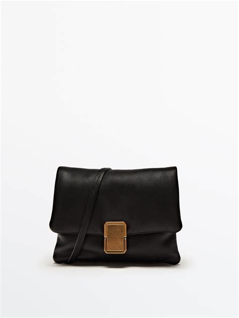 Massimo Dutti Padded Nappa Leather Mini Crossbody Bag Black