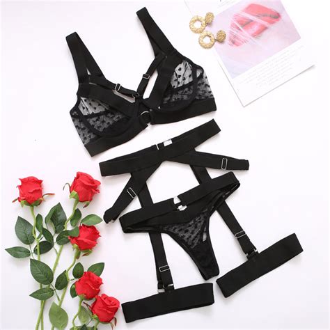 Sexy Mesh Bandage Splice Bra Panty Garter Belt Piece Set Underwear Intimate Women S Lingerie