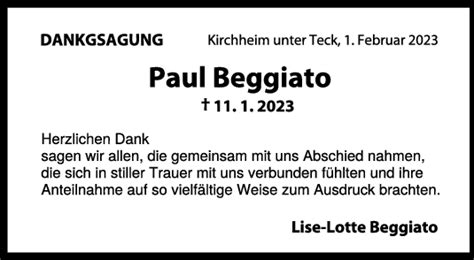 Danksagung Paul Beggiato Teckbote Trauerportal