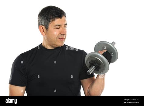 Mature Hispanic Man Curling Dumbbell Isolated Over White Background