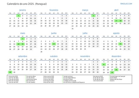 Calendário 2025 com feriados no paraguai | Imprimir e baixar calendário