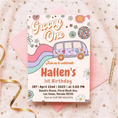 Groovy One Retro Daisy Rainbow First Birthday Invitation Zazzle
