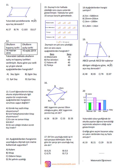 Sinif Matemat K D Nem Yazili Sinavi Test Matematik