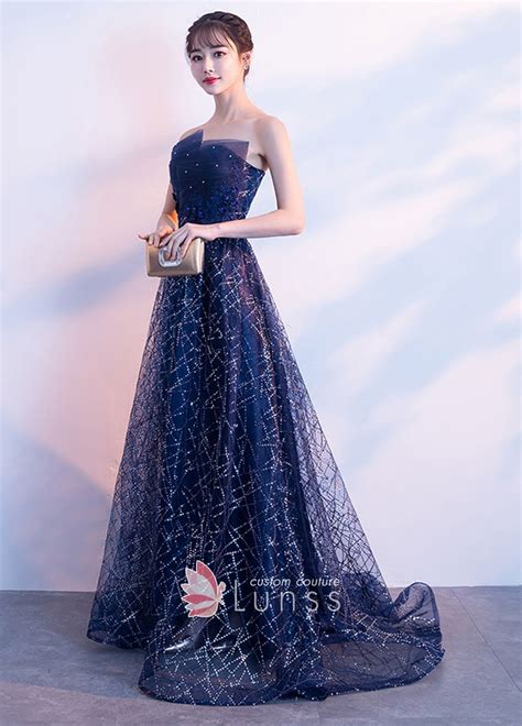 Sequinned Messy Lines Navy Tulle Strapless Party Gown Lunss