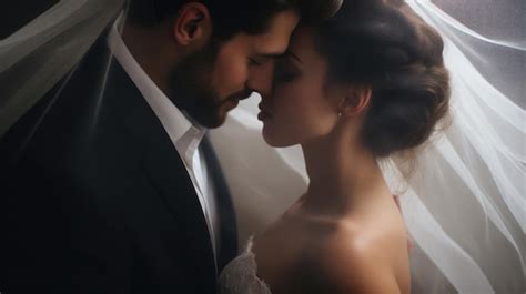 Premium Ai Image Minimalistic Wedding Bride And Groom Kissing Under