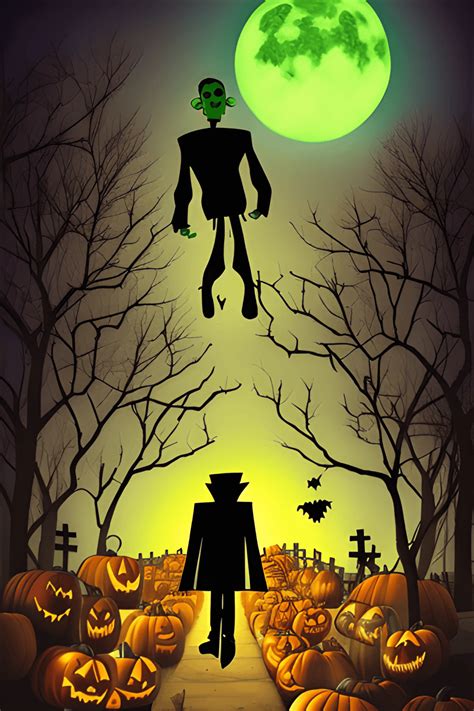 Halloween Frankenstein Walking Across Cemetery Into Distant Moonbeam