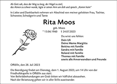 Traueranzeigen Von Rita Moos Vrm Trauer De