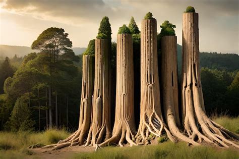 Troncos esculpidos em madeira representando o espírito dos nativos