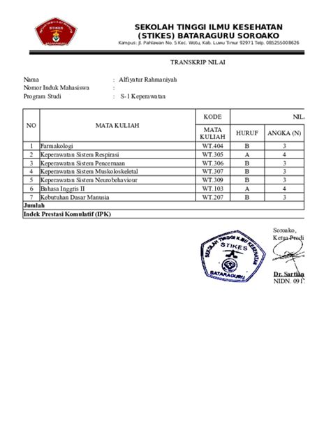 Contoh Transkrip Nilai Kuliah 47 Koleksi Gambar