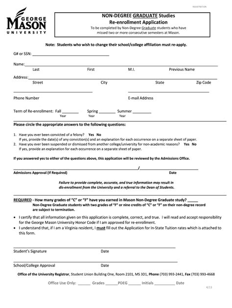 Fillable Online Registrar Gmu Re Enrollment Application Office Of The