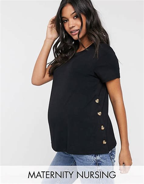 Asos Design Maternity Nursing T Shirt With Button Side In Black Asos