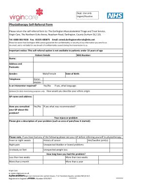 Physiotherapy Self Referral Form Virgin Care Virgincare Co Fill