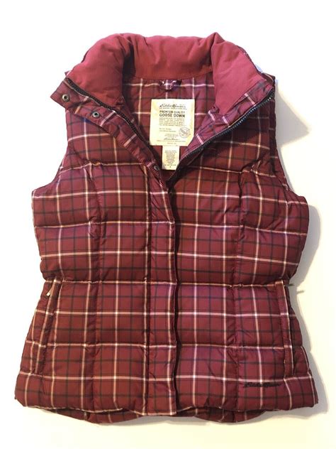 Eddie Bauer Premium Goose Down Vest Burgundy Plaid Wo… - Gem