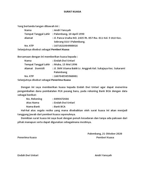 Surat Kuasa Penerimaan Pengembalian Dana Pelayanan Listrik Pdf