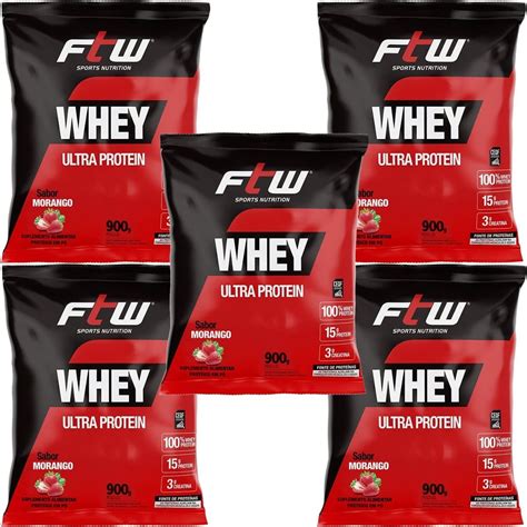 Kit 5X Whey Ultra Protein 900g Refil Morango FTW OtimaNutri