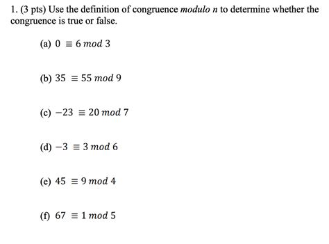 Solved 1. (3 pts) Use the definition of congruence modulo n | Chegg.com