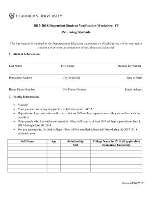 Fillable Online Dependent Student Verification Worksheet V