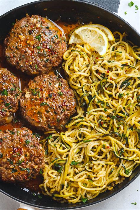 Cheesy Garlic Burgers With Lemon Butter Zucchini Noodles Beef Burgers Recipe — Eatwell101