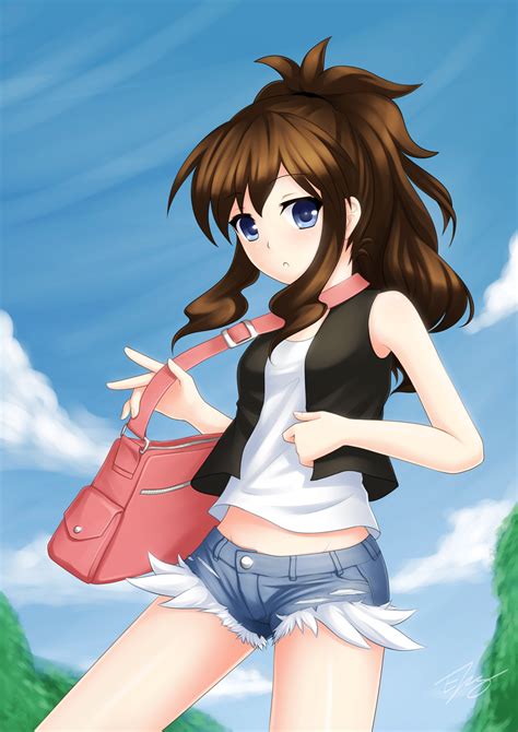 Safebooru 1girl Bag Blue Eyes Brown Hair Clouds Denim Denim Shorts Highres Kerasu Long Hair