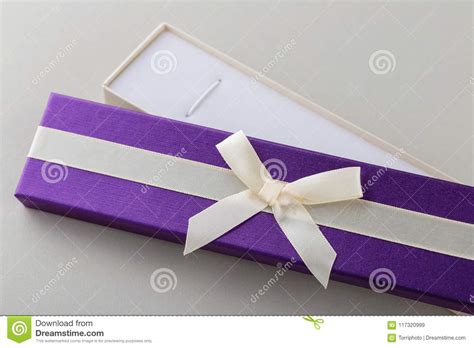 Open Purple Gift Box With Ribbon Bow On Gray Background Stock Image ...