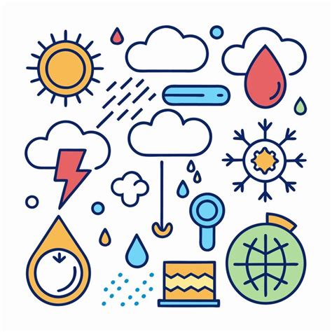 Colorful Weather Icons Including Sun Cloud Rain Lightning Snow And Wind