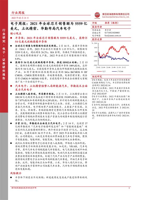 电子周报：2021年全球芯片销售额为5559亿美元，立讯精密、华勤布局汽车电子 洞见研报 行业报告