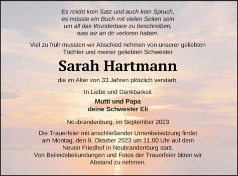 Traueranzeigen Von Sarah Hartmann Trauer Nordkurier