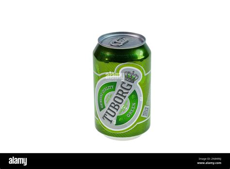 Close Up View Of Can Of Denmark Beer Tuborg Isolated On White