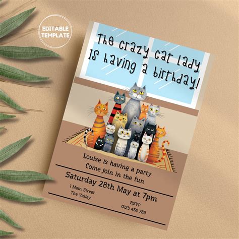 Editable Cat Birthday Invitation Template Cat Birthday Etsy