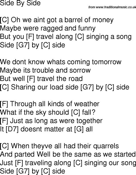 Old time song lyrics with guitar chords for Side By Side C