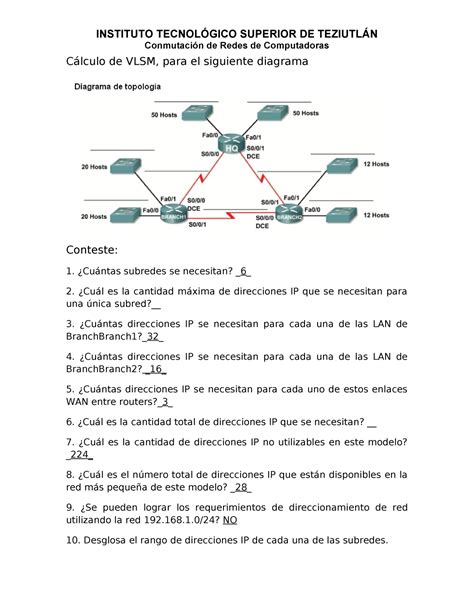 Cálculo de VLSM redes vlsm ejercicio INSTITUTO TECNOLÓGICO SUPERIOR