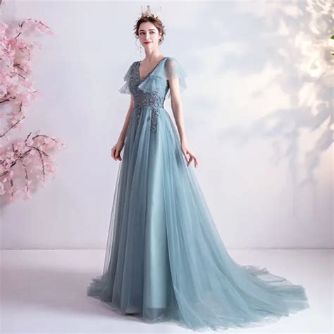 Elegant Ink Blue Prom Dresses 2020 A Line Princess V Neck Beading