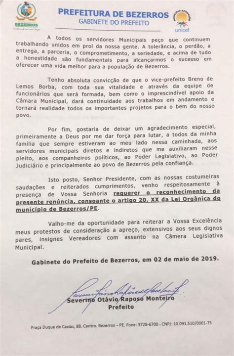 EXCLUSIVO CARTA DE RENÚNCIA ENVIADA PELO PREFEITO À CÂMARA MUNICIPAL