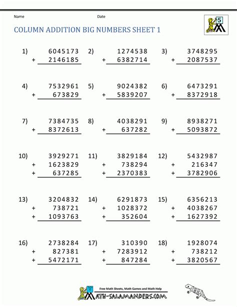 Adding And Subtracting Large Numbers Worksheets