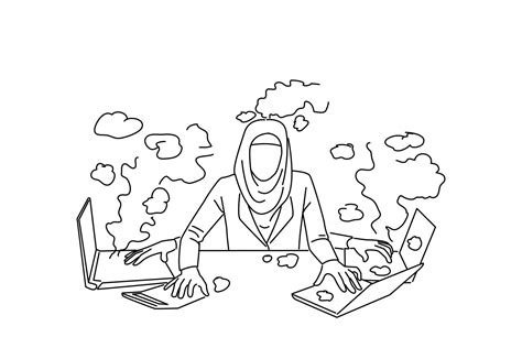 Illustration of hijab muslim business woman writing with anger on keyboard. Outline drawing ...