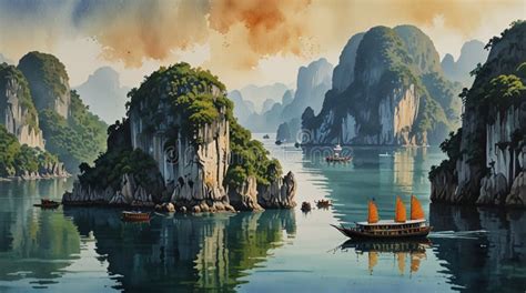 Watercolor Painting The Mesmerizing Limestone Formations Of Halong Bay