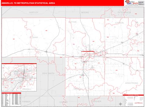 Amarillo Tx Metro Area Zip Code Wall Map Red Line Style By Marketmaps