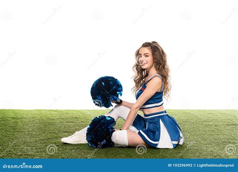 Vue De Fille Heureuse Sexy De Majorette En Uniforme Bleu Avec Des