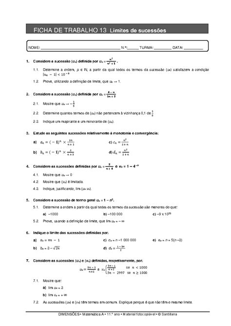 Ficha Nº 13 Limites Sucessões DimensÕes • Matemática A • 11 º Ano • Material Fotocopiável