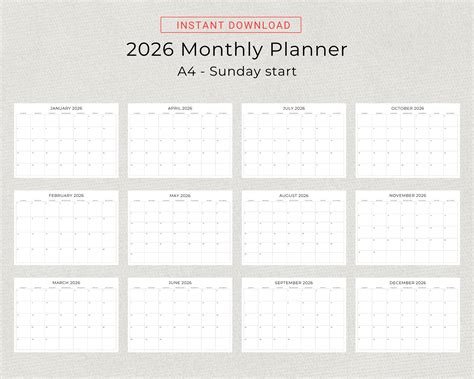 2026 Monthly Calendar Printable 2026 Monthly Planner Landscape 2026