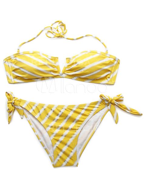 Gelben Bikini Streifen Print Push Up Spandex Badeanzug Milanoo