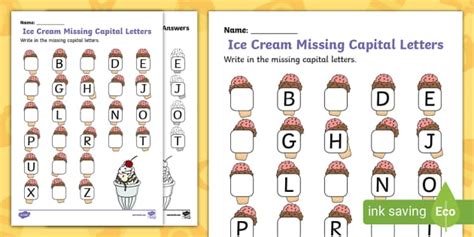 FREE Ice Cream Missing Capital Letters Worksheet Twinkl