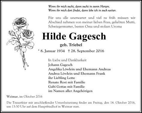 Traueranzeigen Von Hilde Gagesch Trauer In Thueringen De