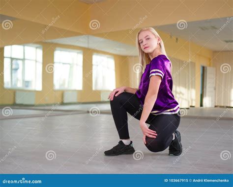 Cute Girl Blonde Sitting Posing In A Light Dance Studio Stock Image Image Of Fashion Color