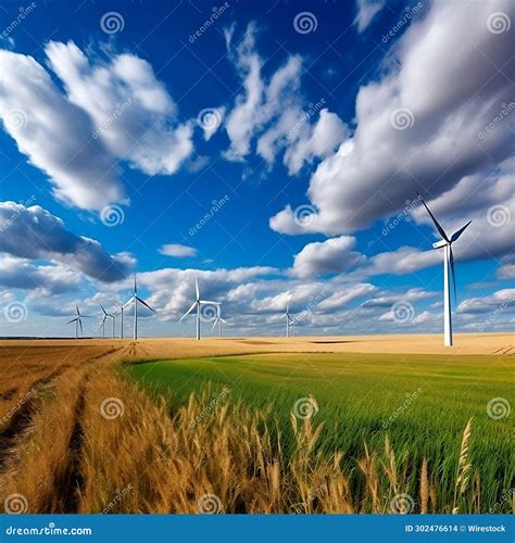 Ai Generated Illustration Of A Landscape Dotted With Multiple Wind Turbines Stock Illustration